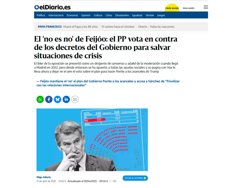 Artículo de eldiario.es sobre negativa de PP a apoyar decretos anticrisis del Gobierno